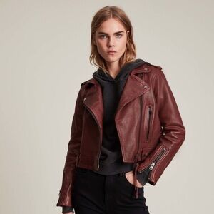 AllSaints Ayra Leather Biker Jackey - Oxblood Red - Women’s - Soft Distressed